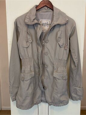 Sweet Elements Beige Khaki Military Cargo Jacket Pockets Womens Small Zip Button